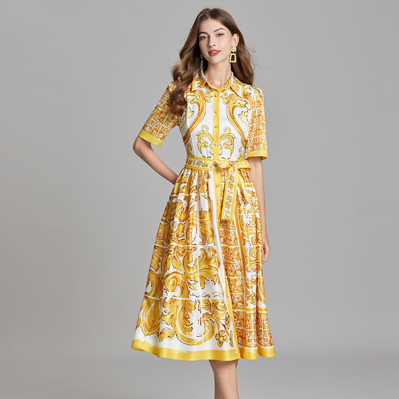 CM-DY015752 Women Casual European Style Short Collar Neckline Sleeve Floral Print A-Line Dress