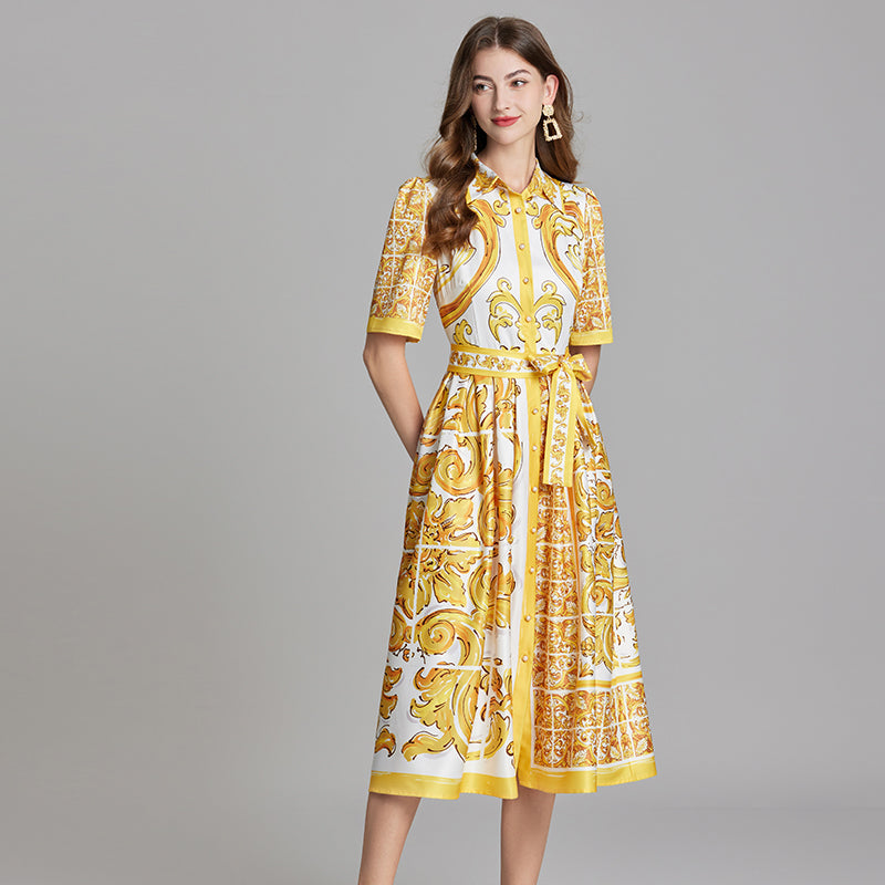 CM-DY015752 Women Casual European Style Short Collar Neckline Sleeve Floral Print A-Line Dress