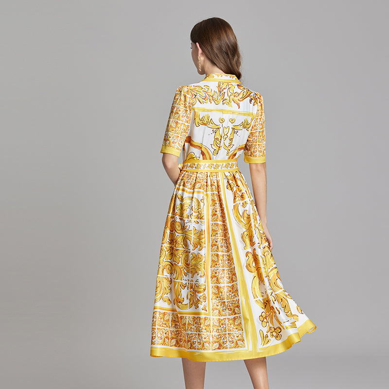 CM-DY015752 Women Casual European Style Short Collar Neckline Sleeve Floral Print A-Line Dress