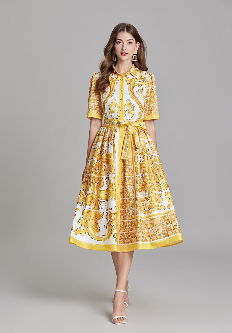 CM-DY015752 Women Casual European Style Short Collar Neckline Sleeve Floral Print A-Line Dress