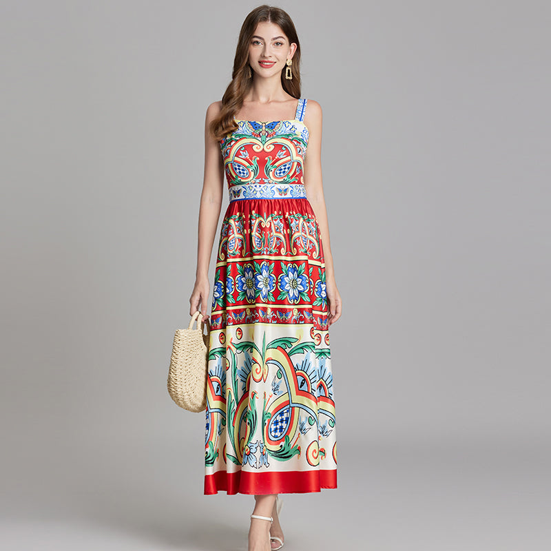 CM-DY015754 Women Elegant European Style Square Neck Sleeveless Slim Fit A-Line Dress