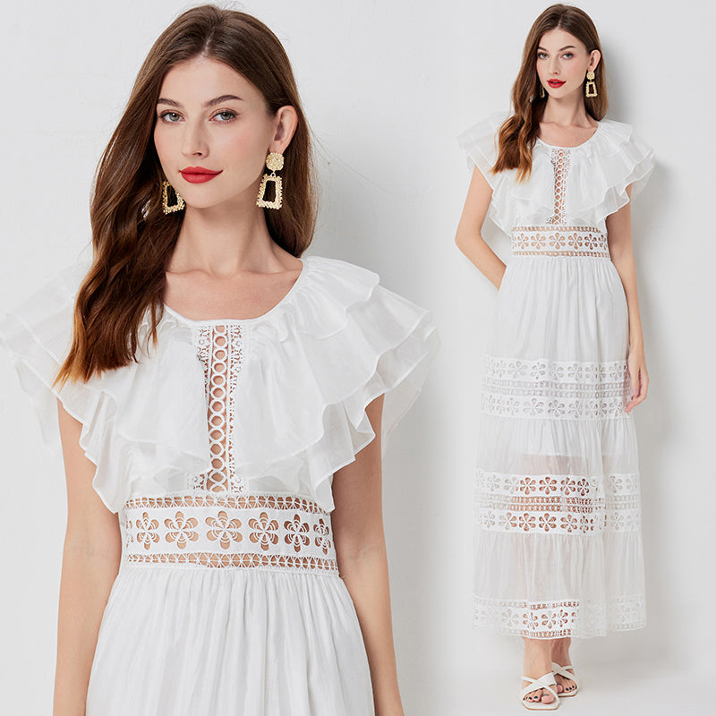 CM-DY015755 Women Elegant European Style Round Neck Lotus Sleeve Maxi Dress - White