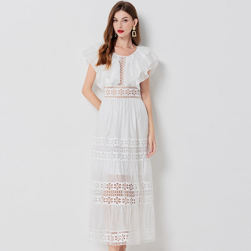 CM-DY015755 Women Elegant European Style Round Neck Lotus Sleeve Maxi Dress - White