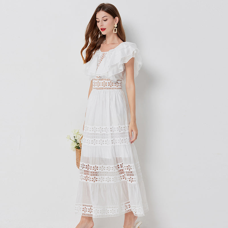 CM-DY015755 Women Elegant European Style Round Neck Lotus Sleeve Maxi Dress - White