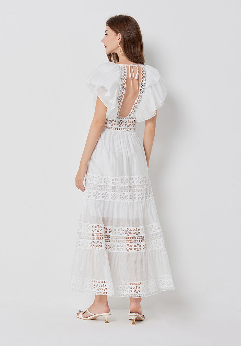CM-DY015755 Women Elegant European Style Round Neck Lotus Sleeve Maxi Dress - White