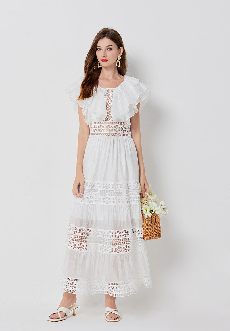 CM-DY015755 Women Elegant European Style Round Neck Lotus Sleeve Maxi Dress - White