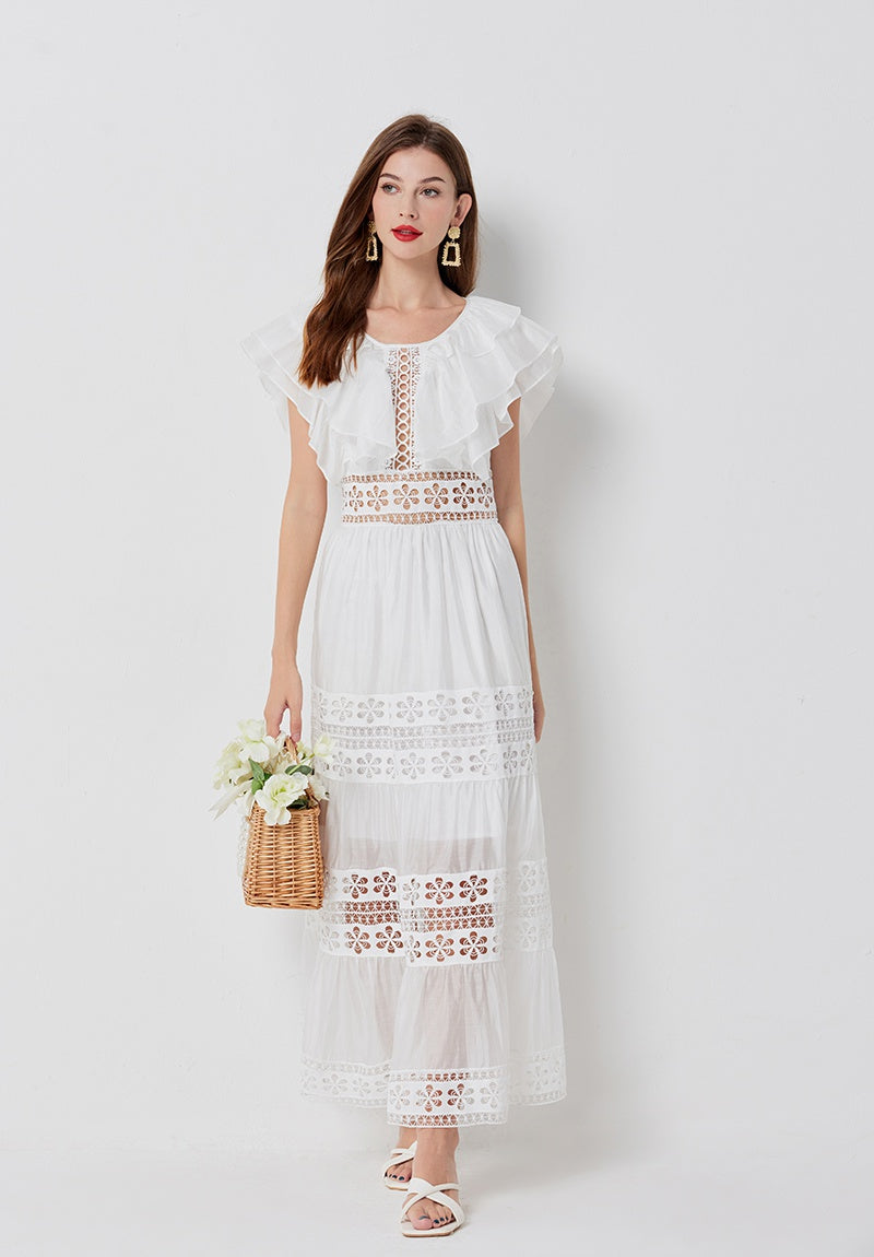 CM-DY015755 Women Elegant European Style Round Neck Lotus Sleeve Maxi Dress - White