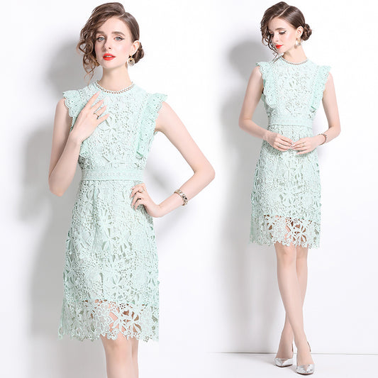 CM-DY015807 Women Elegant European Style Round Neck Sleeveless Lace Midi Dress - Light Green