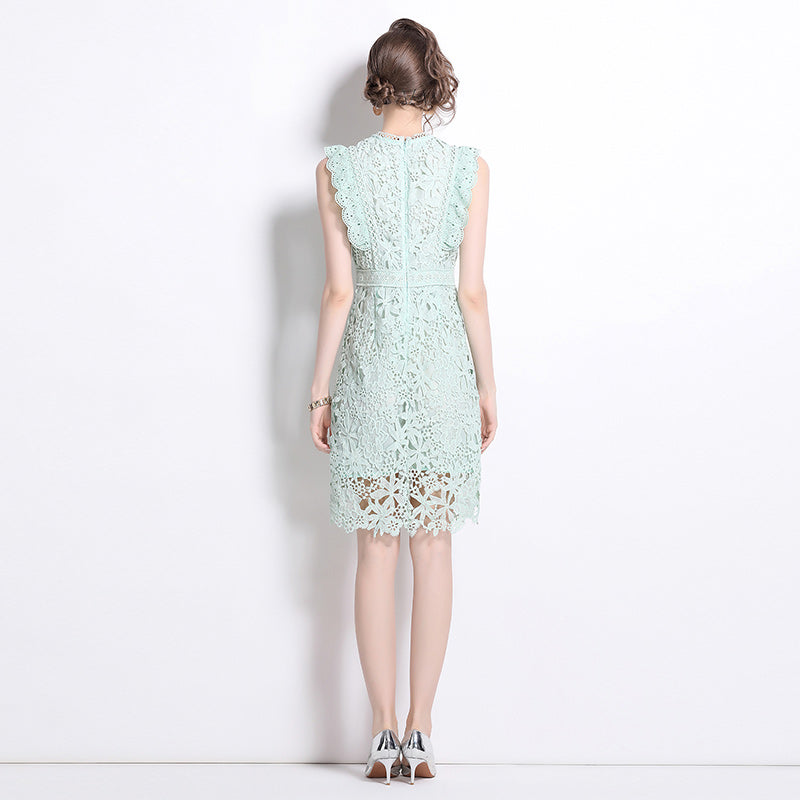 CM-DY015807 Women Elegant European Style Round Neck Sleeveless Lace Midi Dress - Light Green