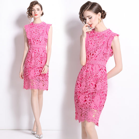 CM-DY015808 Women Elegant European Style Round Neck Sleeveless Lace Midi Dress - Rose Red