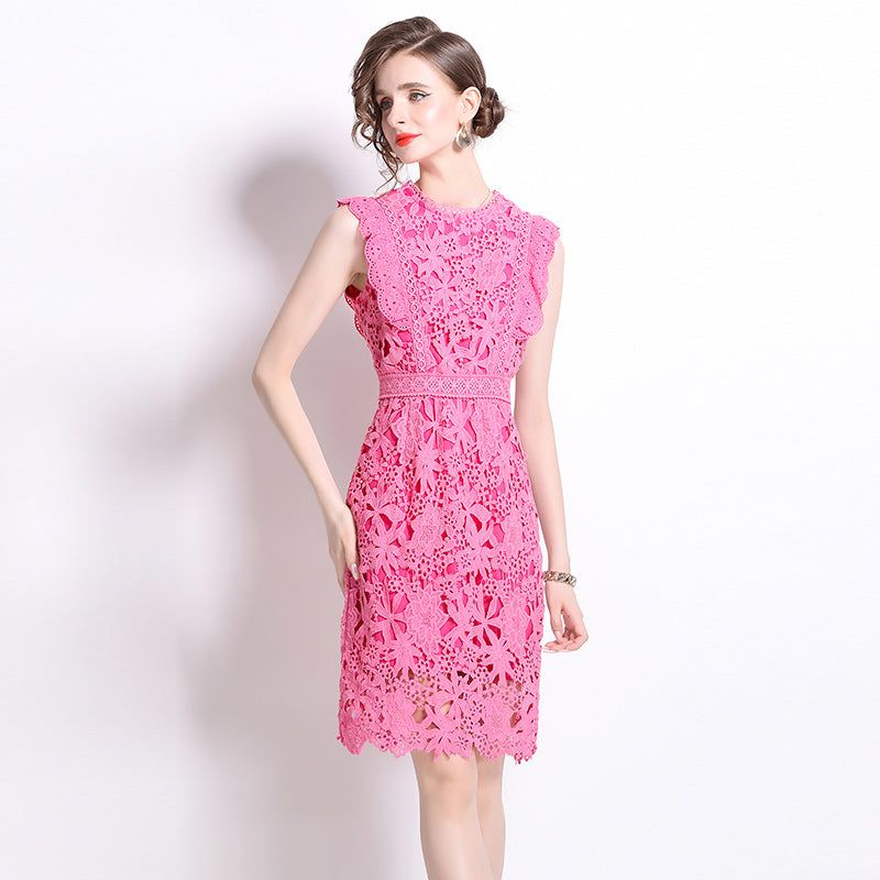 CM-DY015808 Women Elegant European Style Round Neck Sleeveless Lace Midi Dress - Rose Red