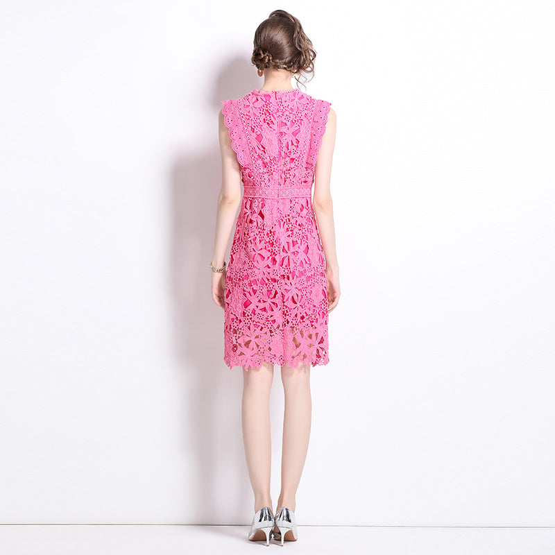 CM-DY015808 Women Elegant European Style Round Neck Sleeveless Lace Midi Dress - Rose Red