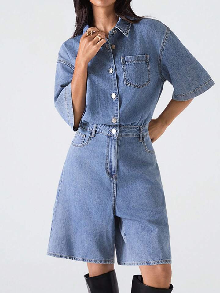 CM-JS350635 Women Casual Seoul Style Medium Wash Collar Neckline Short Sleeve Loose Denim Jumpsuit