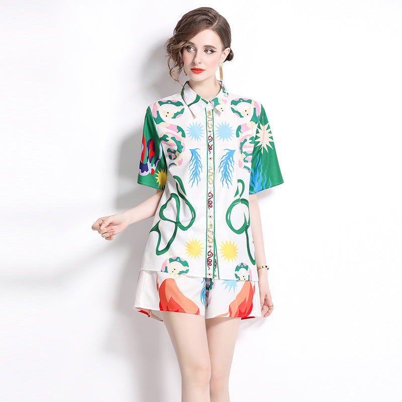 CM-SY016220 Women Casual European Style All-Over Print Lapel Neckline Short Sleeve Shirt With Shorts - Set