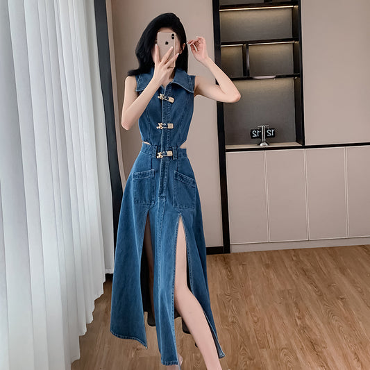 CM-DY016390 Women Casual European Style Collar Neckline Split Sleeveless Denim Dress - Blue
