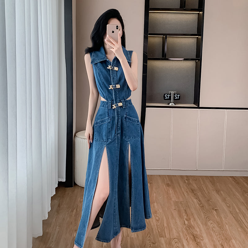 CM-DY016390 Women Casual European Style Collar Neckline Split Sleeveless Denim Dress - Blue