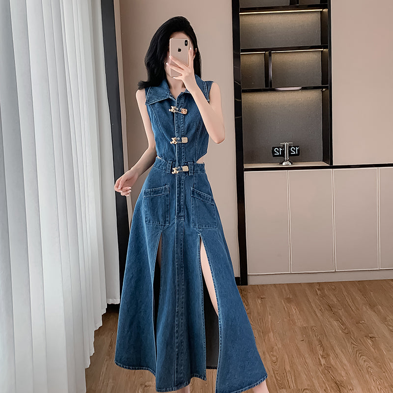CM-DY016390 Women Casual European Style Collar Neckline Split Sleeveless Denim Dress - Blue