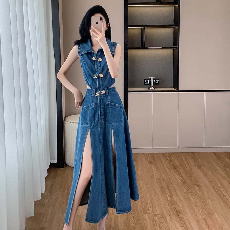 CM-DY016390 Women Casual European Style Collar Neckline Split Sleeveless Denim Dress - Blue