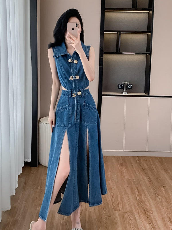 CM-DY016390 Women Casual European Style Collar Neckline Split Sleeveless Denim Dress - Blue