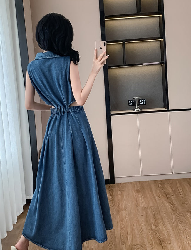 CM-DY016390 Women Casual European Style Collar Neckline Split Sleeveless Denim Dress - Blue