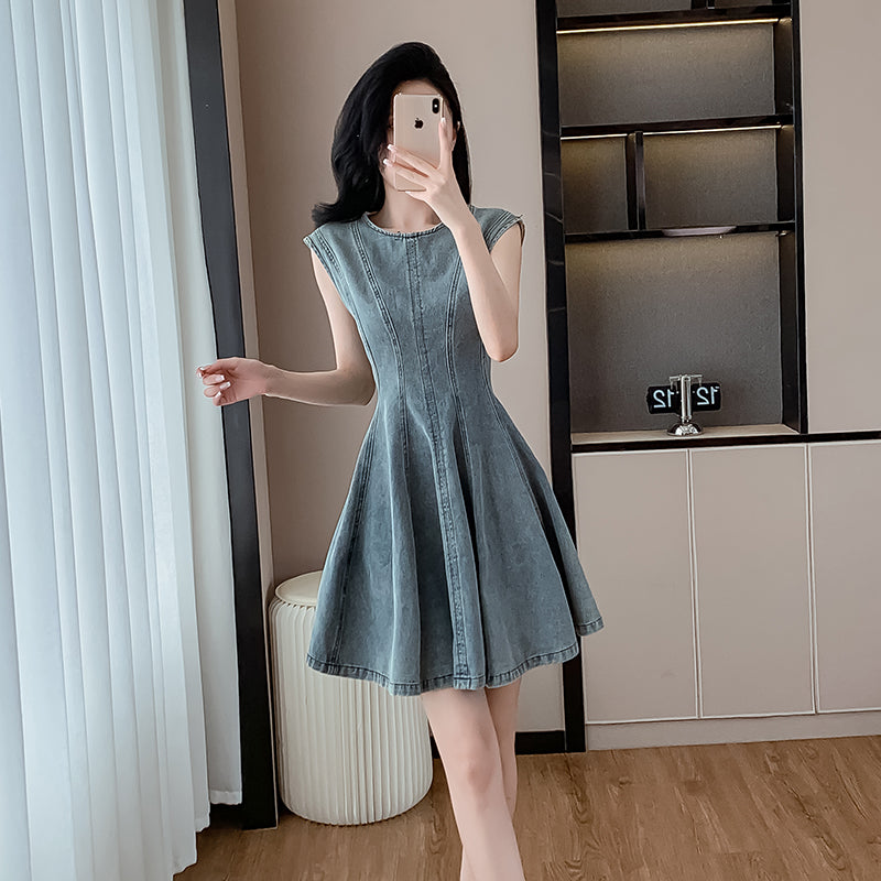 CM-DY016391 Women Casual European Style Round Neck Sleeveless Mini Denim Dress - Blue