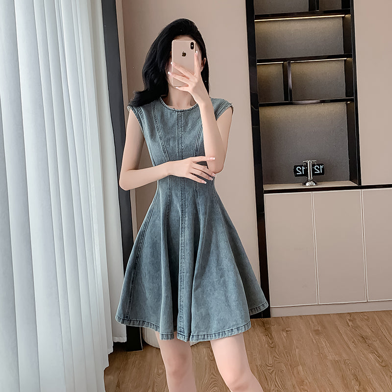CM-DY016391 Women Casual European Style Round Neck Sleeveless Mini Denim Dress - Blue