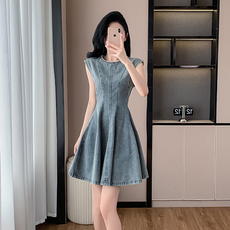 CM-DY016391 Women Casual European Style Round Neck Sleeveless Mini Denim Dress - Blue