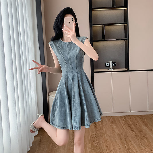 CM-DY016391 Women Casual European Style Round Neck Sleeveless Mini Denim Dress - Blue