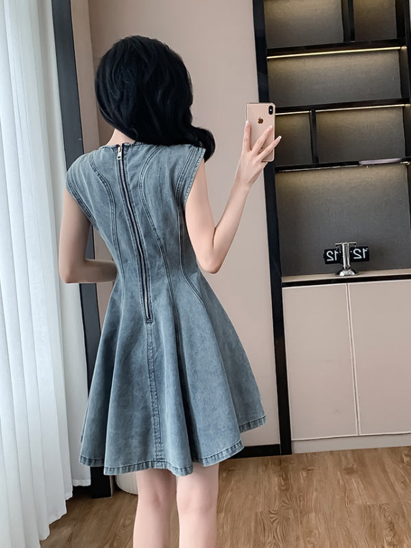 CM-DY016391 Women Casual European Style Round Neck Sleeveless Mini Denim Dress - Blue