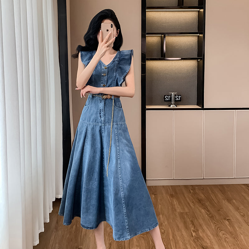 CM-DY016394 Women Casual European Style V-Neck Sleeveless Long Dress - Blue