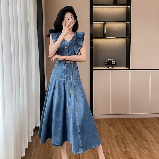 CM-DY016394 Women Casual European Style V-Neck Sleeveless Long Dress - Blue