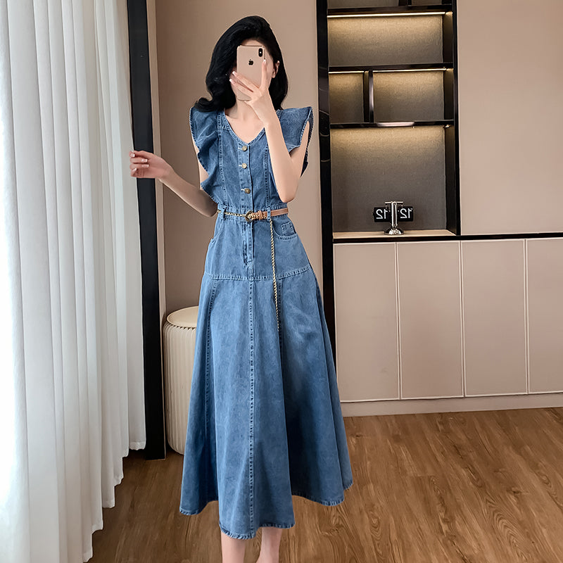 CM-DY016394 Women Casual European Style V-Neck Sleeveless Long Dress - Blue
