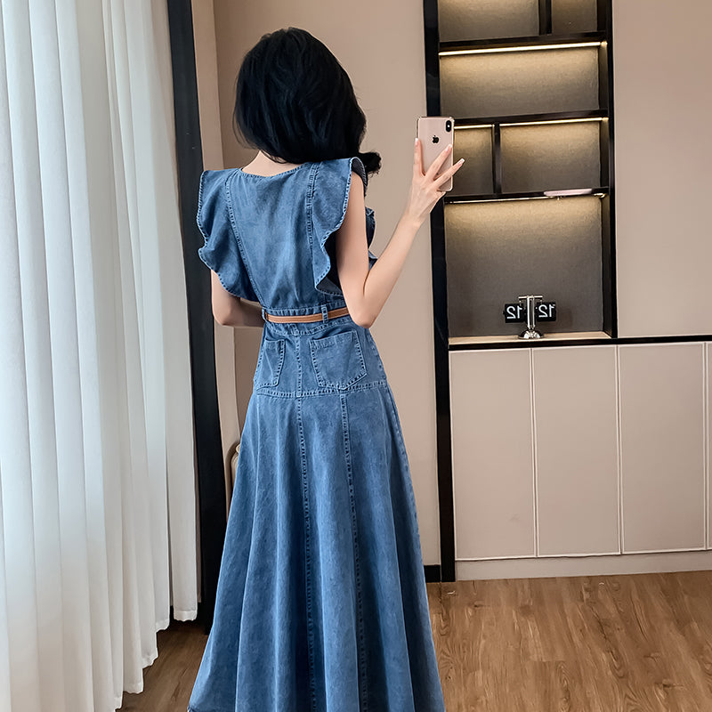 CM-DY016394 Women Casual European Style V-Neck Sleeveless Long Dress - Blue