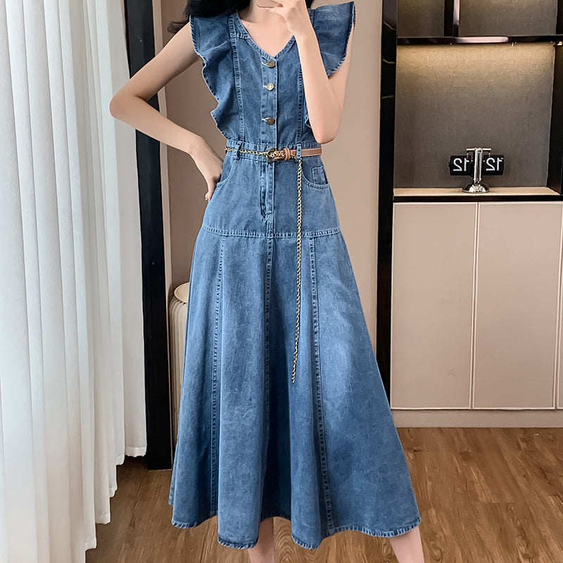 CM-DY016394 Women Casual European Style V-Neck Sleeveless Long Dress - Blue