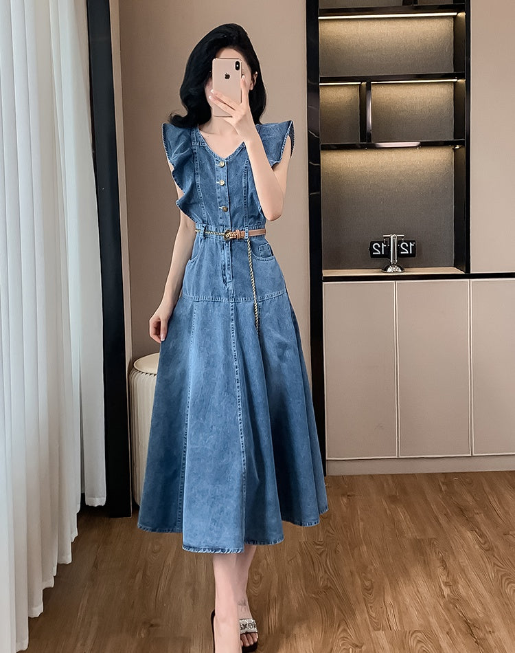 CM-DY016394 Women Casual European Style V-Neck Sleeveless Long Dress - Blue