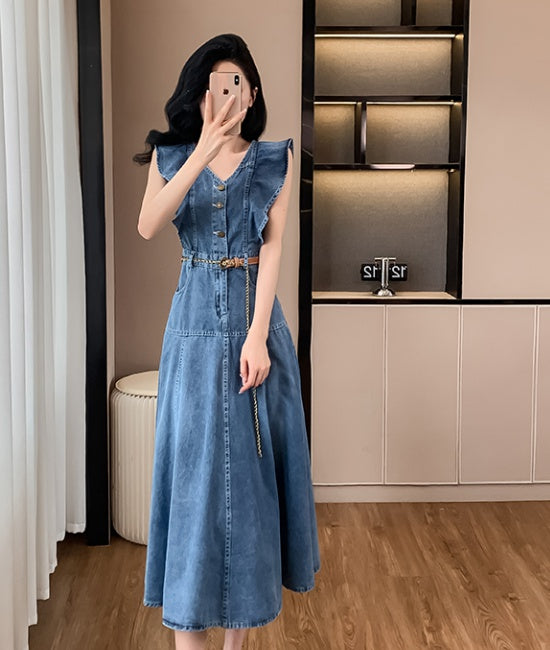CM-DY016394 Women Casual European Style V-Neck Sleeveless Long Dress - Blue