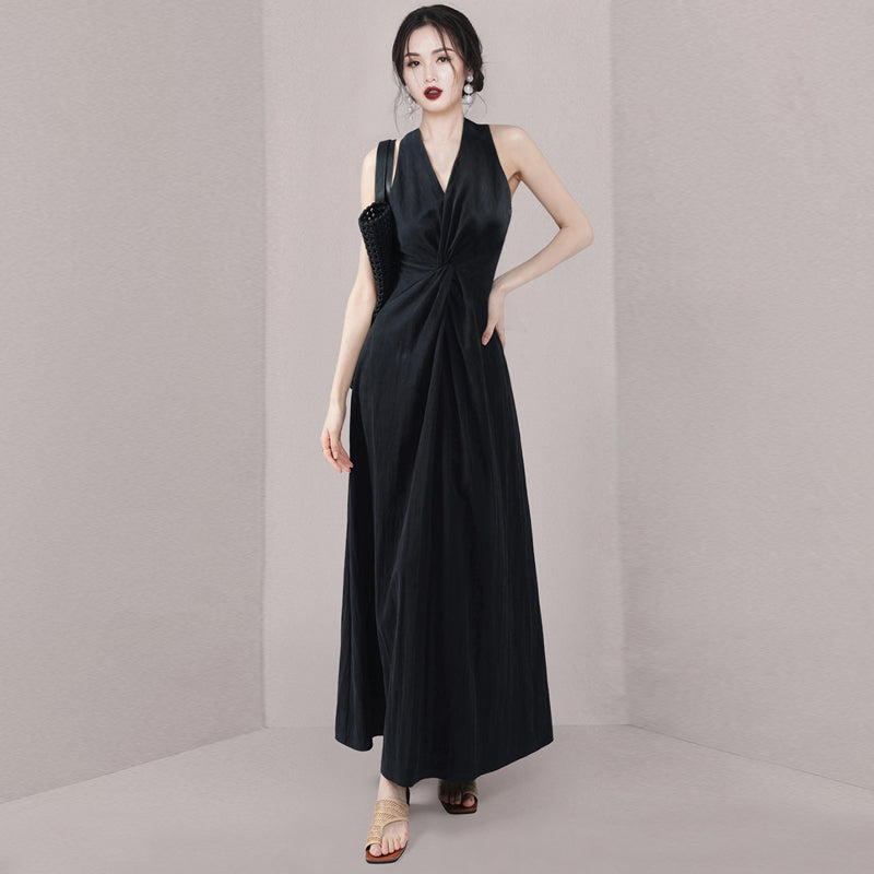 CM-DY016416 Women Elegant European Style V-Neck Sleeveless Maxi Dress - Black