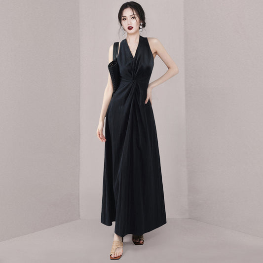 CM-DY016416 Women Elegant European Style V-Neck Sleeveless Maxi Dress - Black
