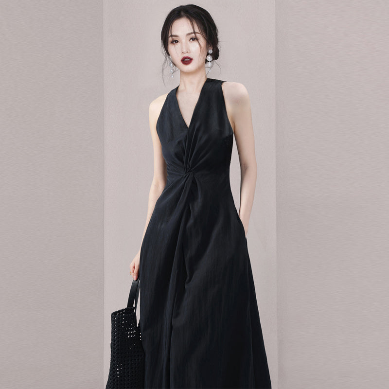 CM-DY016416 Women Elegant European Style V-Neck Sleeveless Maxi Dress - Black