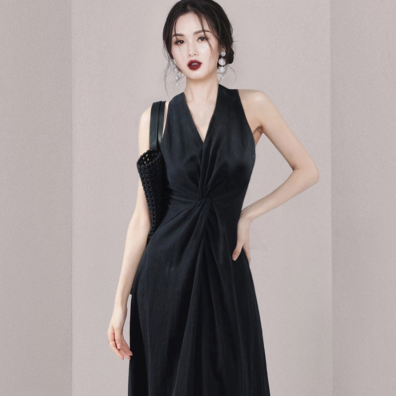 CM-DY016416 Women Elegant European Style V-Neck Sleeveless Maxi Dress - Black