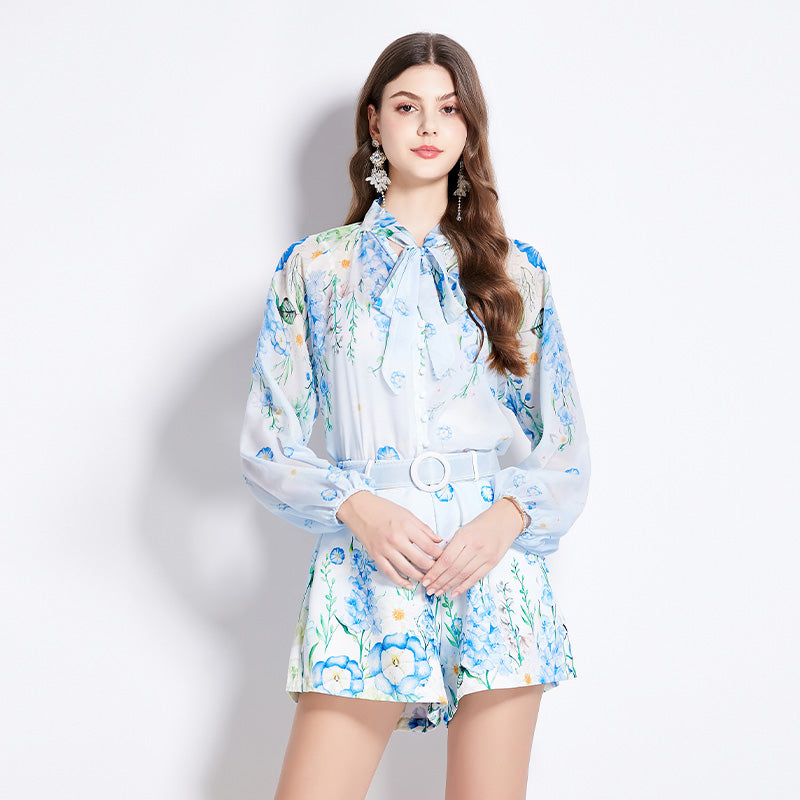 CM-SY016424 Women Elegant European Style Print Tie Neck Long Sleeve TopWith Wide Leg Shorts - Set