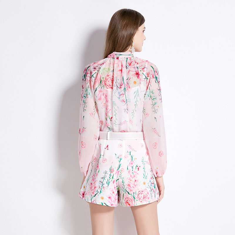 CM-SY016425 Women Elegant European Style Print Tie Neck Long Sleeve TopWith Wide Leg Shorts - Set