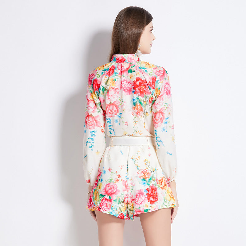 CM-SY016428 Women Elegant European Style Stand Collar Long Sleeve Floral Top With Shorts - Set