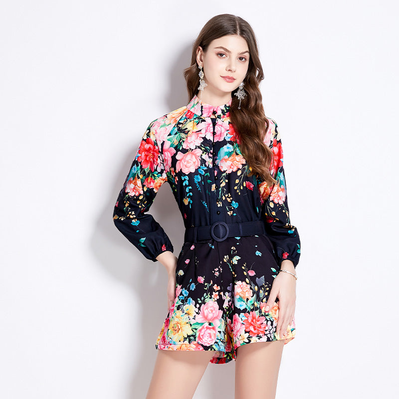 CM-SY016429 Women Elegant European Style Stand Collar Long Sleeve Floral Top With Shorts - Set