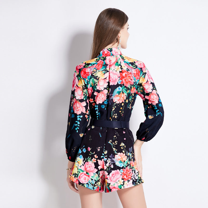 CM-SY016429 Women Elegant European Style Stand Collar Long Sleeve Floral Top With Shorts - Set