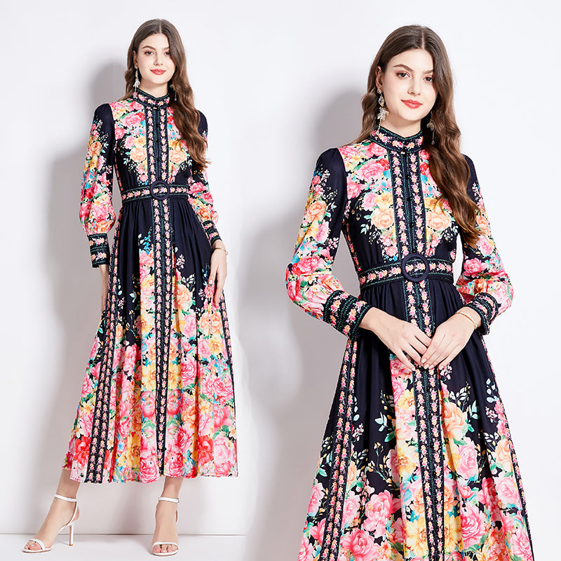 CM-DY016430 Women Elegant European Style Floral Stand Collar Long Sleeve Maxi Dress - Black