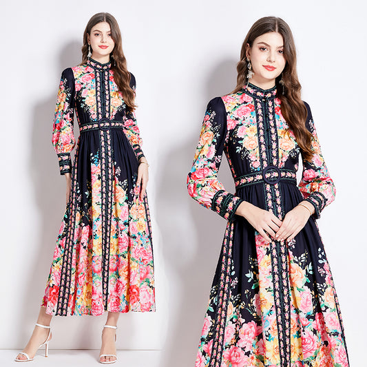 CM-DY016430 Women Elegant European Style Floral Stand Collar Long Sleeve Maxi Dress - Black