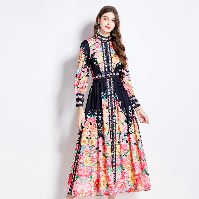 CM-DY016430 Women Elegant European Style Floral Stand Collar Long Sleeve Maxi Dress - Black
