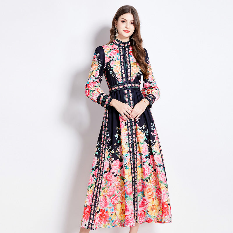 CM-DY016430 Women Elegant European Style Floral Stand Collar Long Sleeve Maxi Dress - Black