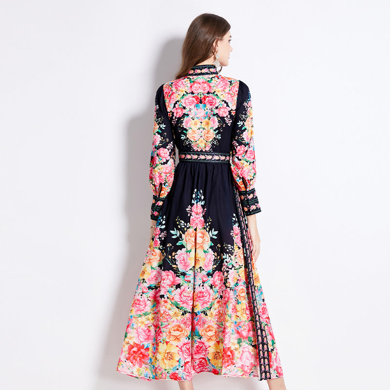 CM-DY016430 Women Elegant European Style Floral Stand Collar Long Sleeve Maxi Dress - Black